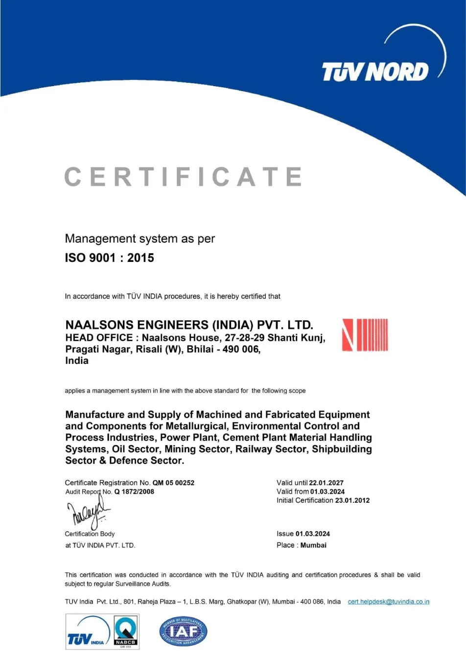 ISO 9001:2015 certification document